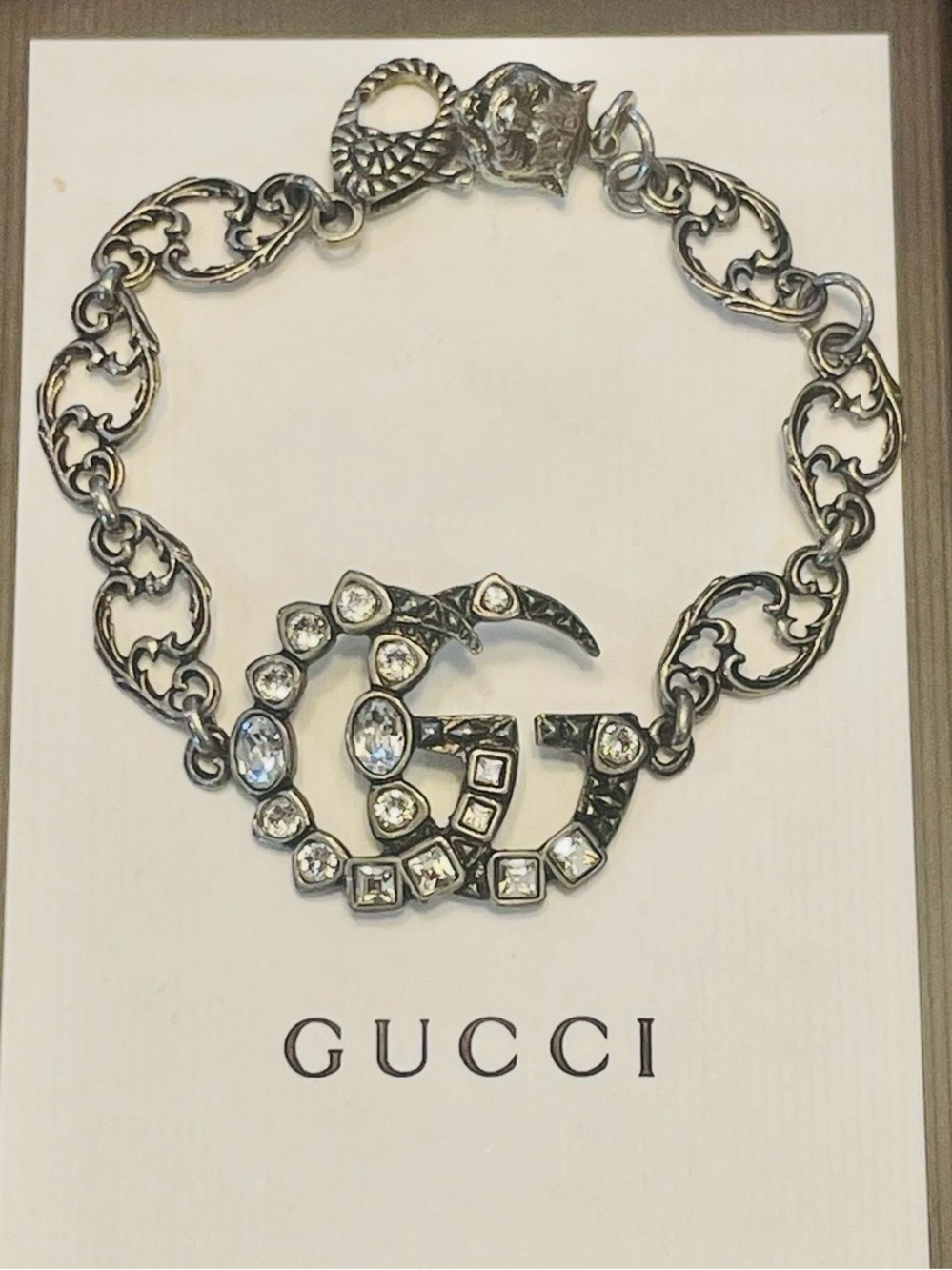 GUCCI~”GG” Marmont Crystal Aged Silver Bracelet